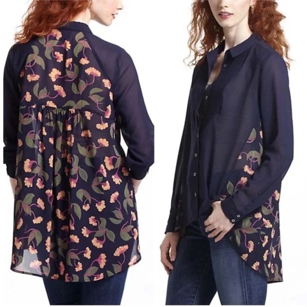 Maeve || Woman’s Hi Low Long Sheer Blouse Floral Navy Blue size M